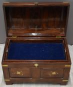 Eastern hardwood brass-bound and inlaid trunk with lift out tray, W60 x D36 x H43cm
