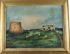 19th or early 20thC folk art or naive oil on canvas coastal landscape with two Martello towers,