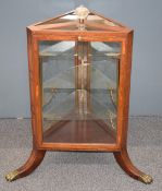 Late 19th or early 20thC inlaid mahogany triangular glazed display cabinet with three glass shelves,