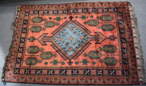 Kafkas Afghan rug with blue central diamond, 250 x 165cm, with label verso