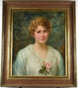 Edwardian oil on canvas portrait of a lady, indistinctly signed/ titled top left, 56 x 46cm, in gilt