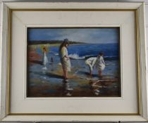 Impressionist oil on board girls on a beach, 29 x 38cm, in white painted and gilt frame