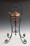 In the manner of W.A.S Benson copper and wrought iron spirit kettle on stand, H70cm