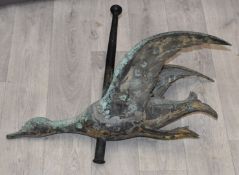 Patinated metal flying swan or duck with hollow mount, possibly for a weather vane, H48 x L59cm