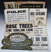 Vintage cardboard/pressed board signage including English and Son Rose Growers Gloucester and