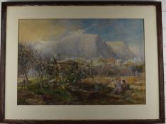 Paul Jacob Naftel RWS (British 1817-1891) figures resting before a town with mountains beyond,