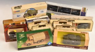 Fourteen Corgi, Solido, Matchbox, Lledo and similar diecast model vehicles including military