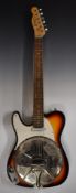 Left handed electric resonator guitar by Chord, modified by Sollophonic, in lacquered sunburst