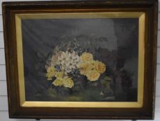 Oil on canvas under glass still life of flowers, indistinctly signed lower right possibly M Kennick,