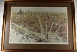 Paul Draper signed print Wren's London extensive cityscape, 54 x 85cm, in gilt frame