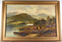 Henry Cooper (British, late 19th/20thC) oil on canvas Highland cattle beside a loch or river with