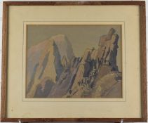 Theodore Howard Somervell, OBE, FRCS (British 1890-1975) watercolour of mountains with script