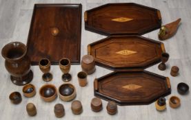 19thC mahogany tray, set of three octagonal trays, turned treen items etc