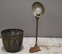 Cast iron industrial style work lamp together with a copper Art Nouveau jardiniere marked Daalderop,