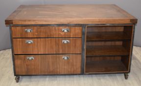 Bespoke industrial style double sided walnut desk with 9 drawers and inset copper top, 170 x 115 x