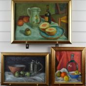 Three modern oil on canvas still life studies, one initialled CLW the other two GCW, largest 34 x