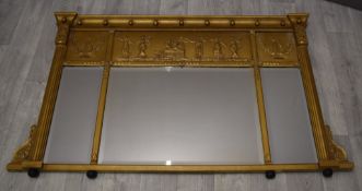 Gilt bevelled glass triptych mirror with figured relief moulded Greco / Roman dancing figures, W20 x