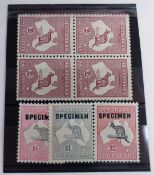 Australia 1931-36, 10s, £1 and £2 mint specimen set of three with 2s brown mint block x 4