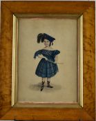 19thC naive watercolour portrait of a child in Scottish dress, holding a sword 30 x 22cm, in