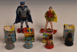 Four Rolykins by Marx including Batman, Robin and the Daleks in original boxes together with two