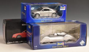 Three 1:18 scale diecast model cars Minichamps Audi TT 2006 and Revell Audi TT Coupe and Auto