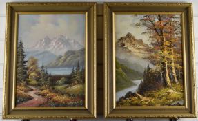 Two oil on canvas mountainous landscapes, one signed G Lowery the other M Hobart, each 37 x 27cm, in