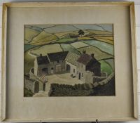 J.C.V. Brooks watercolour landscape farm with landscape beyond, signed lower left, 31 x 39cm, in