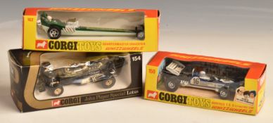 Three Corgi diecast model vehicles comprising 162 Quartermaster Dragster, 150 Surtees T.S. 9 F/1