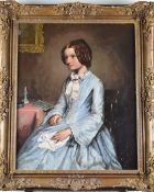 19thC naive oil on canvas portrait of a lady with book on the table beside her 52 x 42cm, in