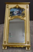 An ornate gilt and painted mirror with Watteau scene above, overall size 155 x 88cm