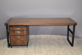 Bespoke industrial style walnut copper topped desk or table with separate drawer pedestal, 200 x