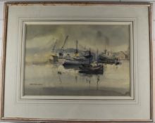 Sybil Mullen Glover RI, ARWA, SMA (1908-1995) watercolour boats, ships and cranes in harbour, 35 x