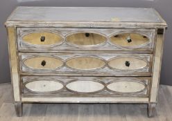 Mirrored chest of three drawers, W109 x D40 x H70cm