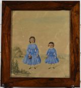 19thC naive watercolour portrait of two girls in blue dresses, 23 x 20cm, in period rosewood frame
