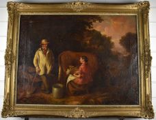 19thC oil on canvas bucolic milking scene, 56 x 76cm, with label verso having indistinct details, in