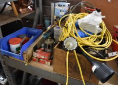 Workshop equipment including a Sievert gas torch with extra nozzles, electrical cables, Dremel