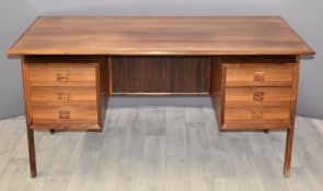 Danish rosewood retro mid-century modern twin pedestal desk, designed by Anne Vodder, with six