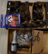 Collection of woodworking planes including Stanley Trade 45, no 4 1/2, no 5, Handyman, Marples M 4