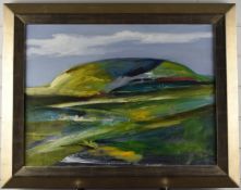 John Cleal (Welsh 1929-2007) abstract oil 'Blue-green Landscape', signed lower left, 44 x 60cm, in