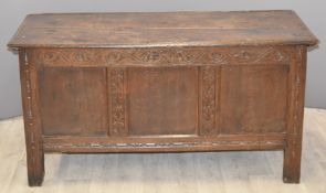 Antique oak coffer with peg joints and carved decoration, W136 x D57 x H70cm