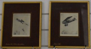 Two Howard Leigh signed etchings of WW1 era aircraft, 14 x 10.5cm, in gilt frames with names of