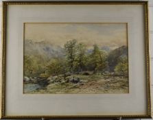 Peter Deakin (1830-1899) watercolour of rural landscape with figures resting on rocks by a river and