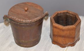 Inlaid oak jardinière and coopered pail, height of tallest 33cm