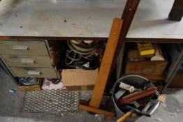 Industrial style workbench and contents including Record G clamps and a large quantity of workshop