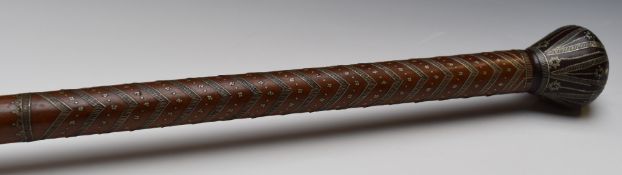 Late 19thC / 20thC Indian silver wire and bone inlaid walking stick, L91cm, formerly the property of