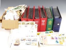 Six GB first day cover albums, loose stamps and some Papua New Guinea first day covers