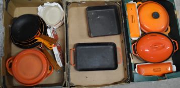 A collection of mainly Le Creuset cast iron cooking ware and some similar Waterford items