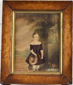 19thC naive watercolour portrait of a girl with wheeled toy donkey, 21 x 16cm, in period bird's