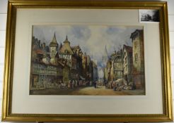 H Montague 19thC watercolour Rouen busy continental street scene with cathedral beyond, signed lower