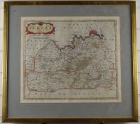 Robert Morden antique coloured map of Surrey, 36 x 43cm, in gilt frame